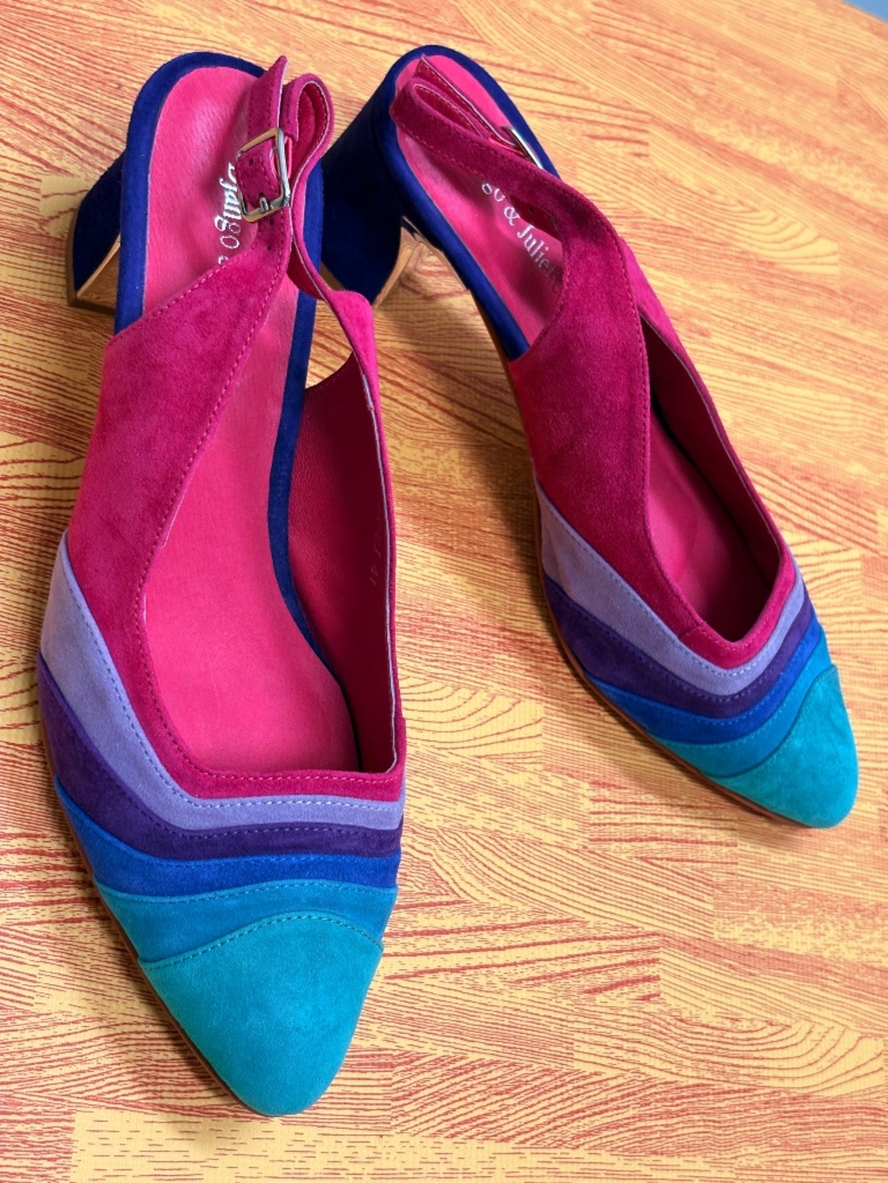 Django Juliette Jatter Suede Rainbow Colorblock Pump Mid Block Heel Sandal Sz, 4